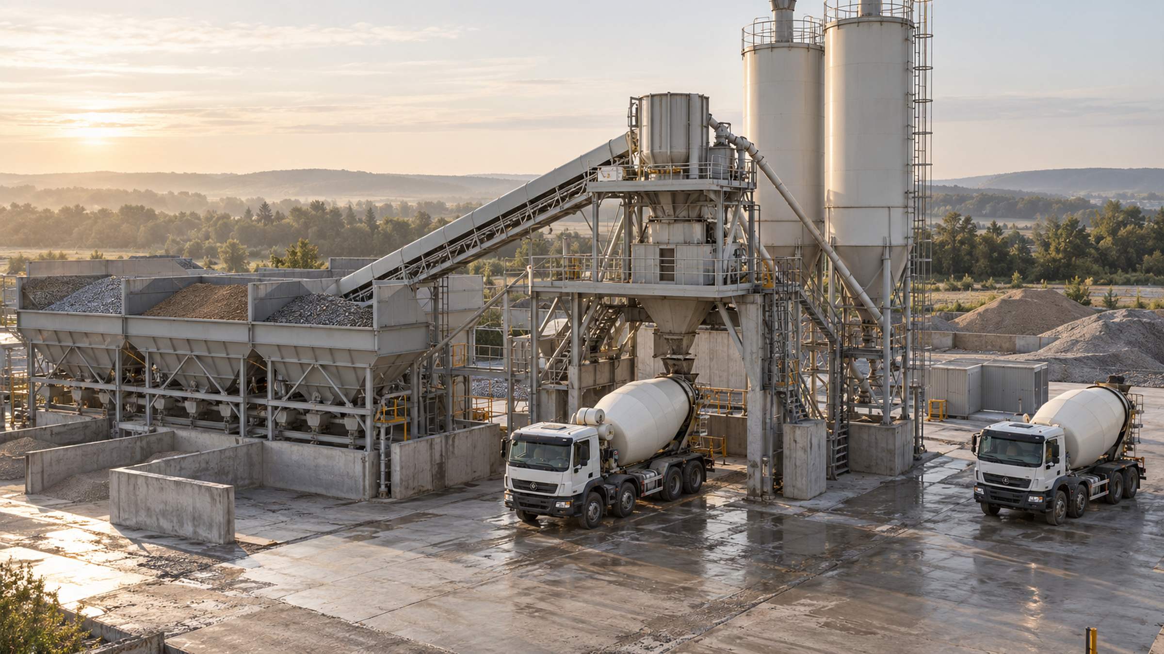 Mixer trucks beneath the loading point at a ready-mix batch plant in early light