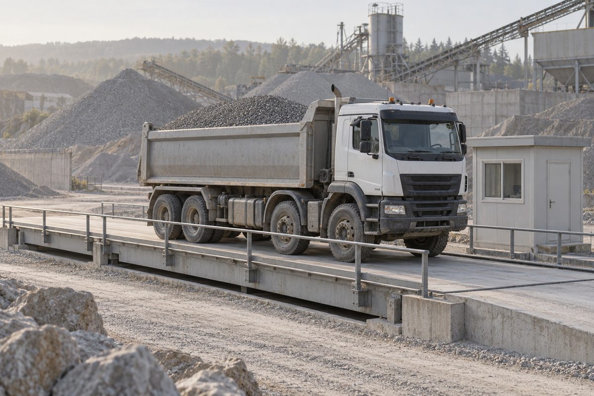 Loaded aggregate truck on a plant weighbridge beside a scale house in early light