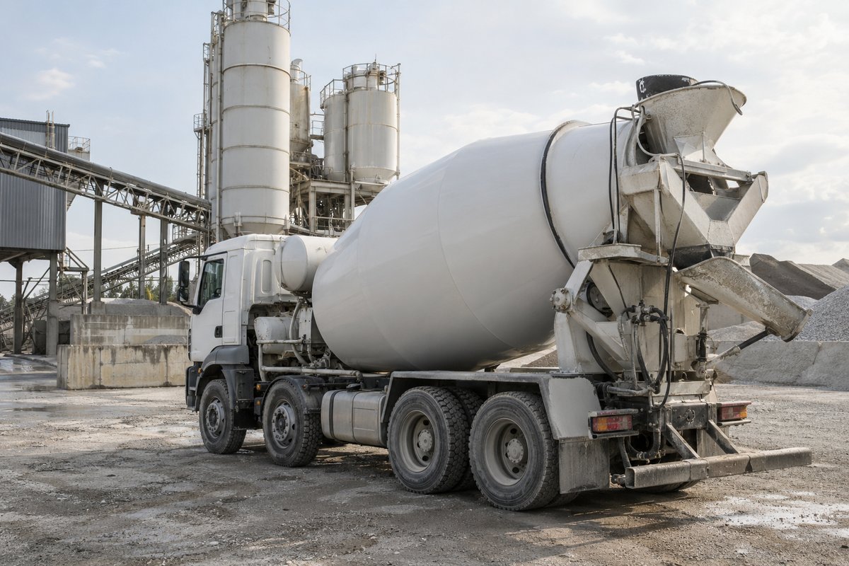Ready-mix mixer truck parked in a dispatch yard
